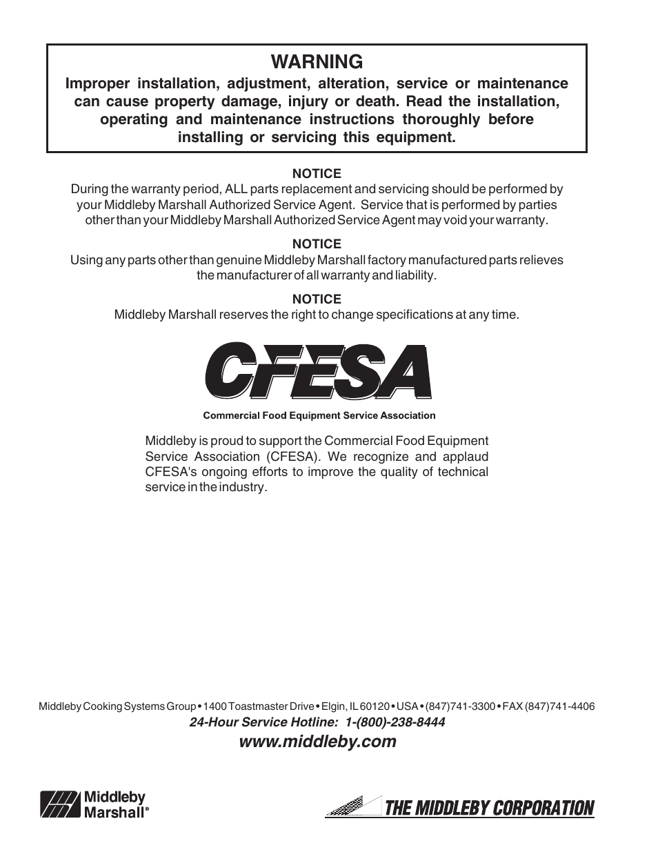 Warning | Middleby Marshall PS540E User Manual | Page 72 / 72