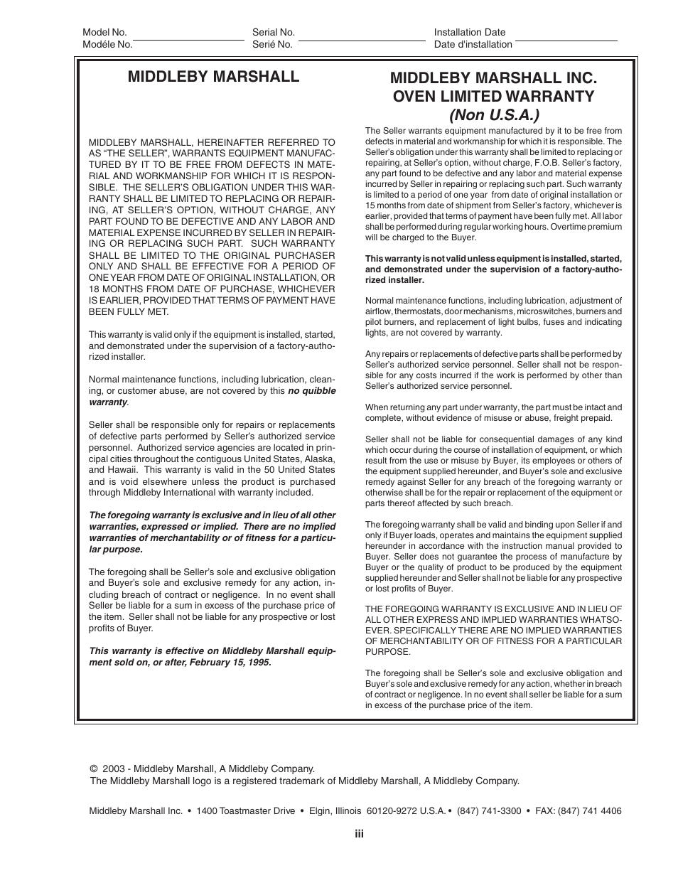 Non u.s.a.), Middleby marshall inc. oven limited warranty, Middleby marshall n | U.s.a. o | Middleby Marshall Gas Ovens PS840 Series User Manual | Page 3 / 36
