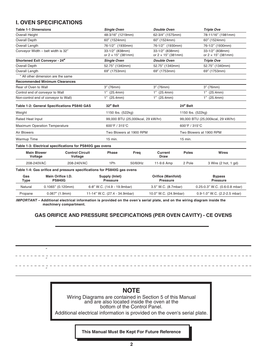 I. oven specifications | Middleby Marshall Gas Ovens PS840 Series User Manual | Page 6 / 36