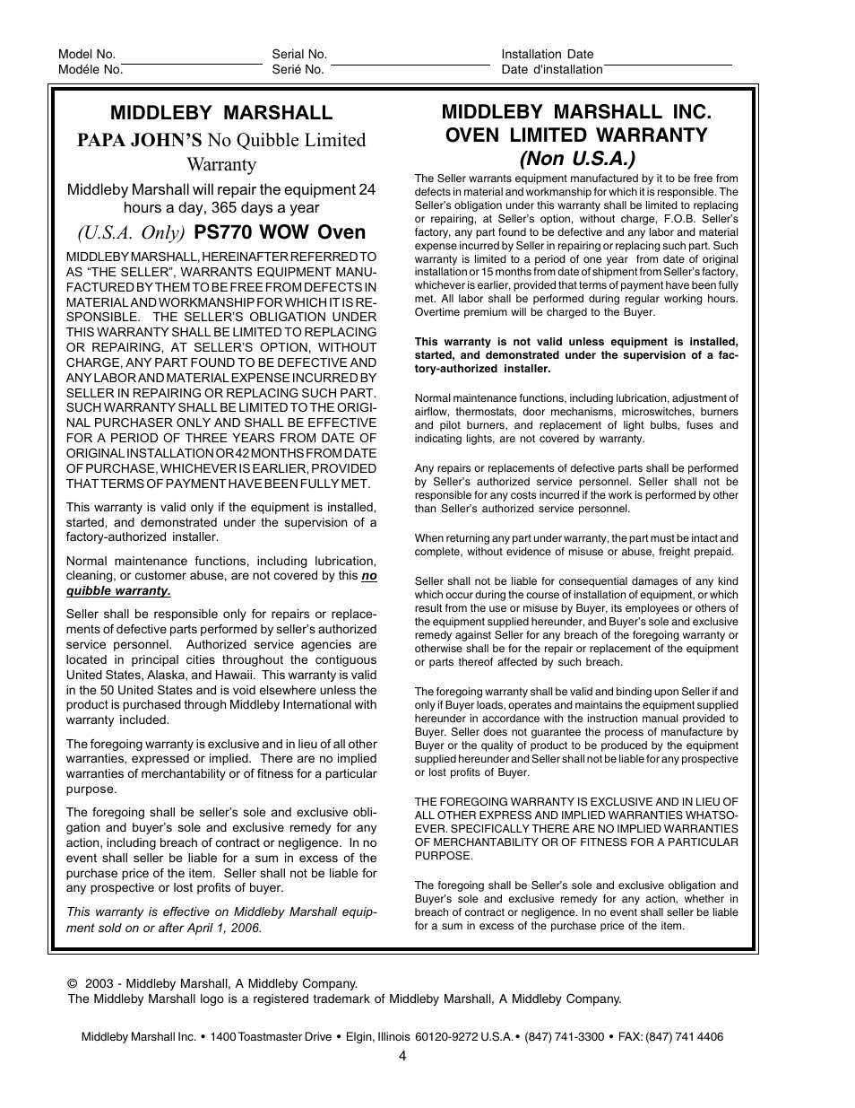 Non u.s.a.), Middleby marshall inc. oven limited warranty, U.s.a. only) ps770 wow oven | Middleby Marshall PS770G GAS User Manual | Page 4 / 24