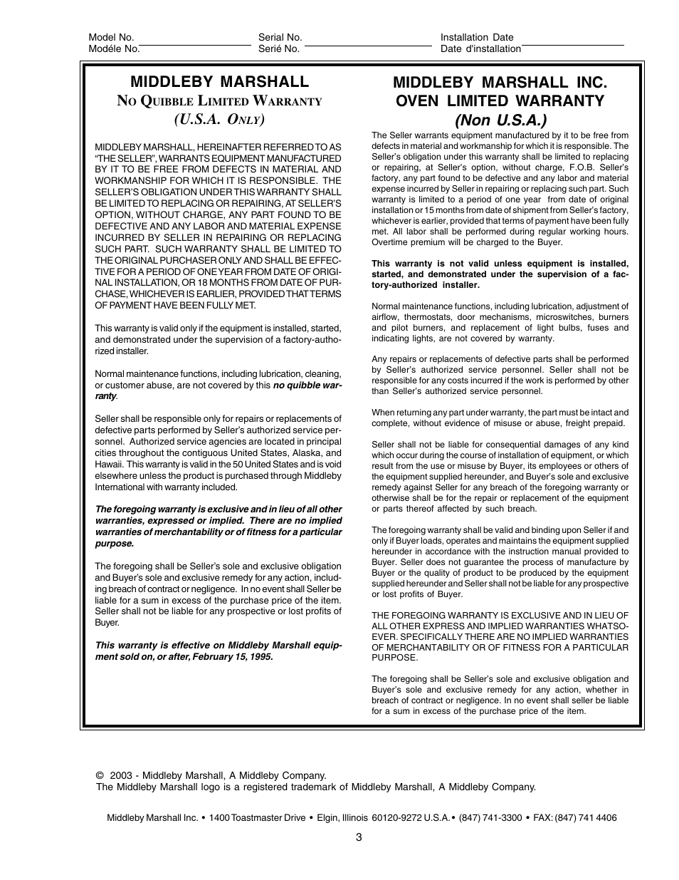 Non u.s.a.), Middleby marshall inc. oven limited warranty, Middleby marshall n | U.s.a. o | Middleby Marshall PS870 Series Gas Ovens PS870G Gas User Manual | Page 3 / 24