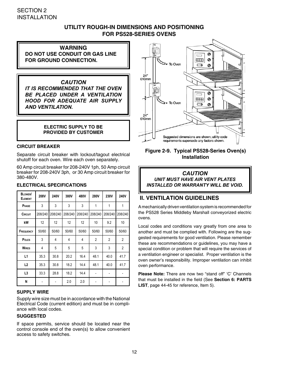 Caution, Ii. ventilation guidelines | Middleby Marshall PS528-Series OVENS PS528 (Double) User Manual | Page 16 / 60