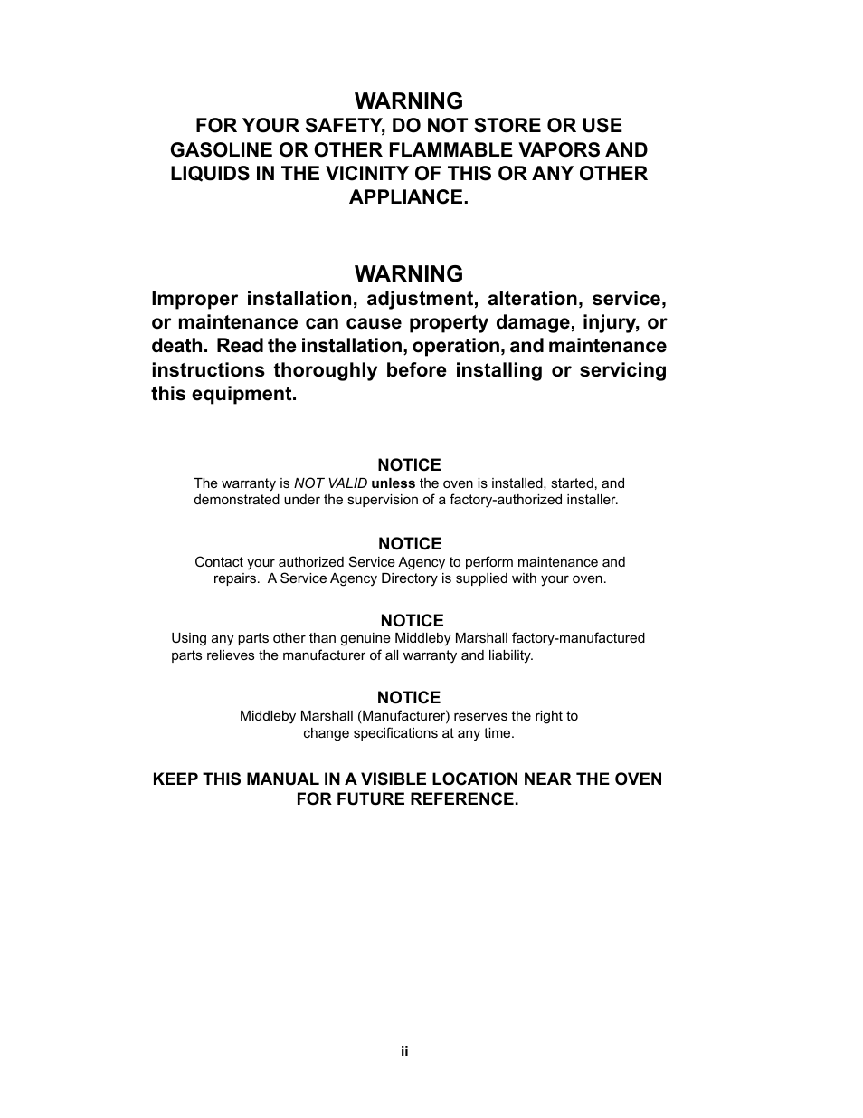 Warning | Middleby Marshall PS528-Series OVENS PS528 (Double) User Manual | Page 2 / 60