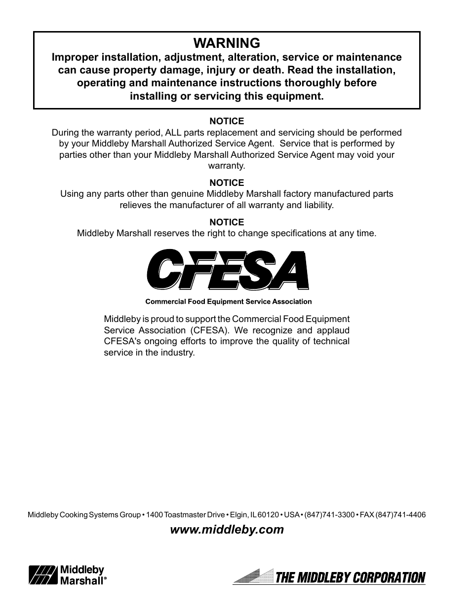 Warning | Middleby Marshall PS528-Series OVENS PS528 (Double) User Manual | Page 60 / 60