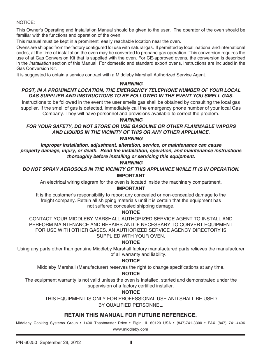 Middleby Marshall PS740 Series Gas Ovens P/N 60250 User Manual | Page 2 / 36
