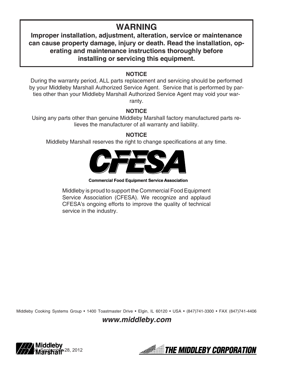 Warning | Middleby Marshall PS740 Series Gas Ovens P/N 60250 User Manual | Page 36 / 36