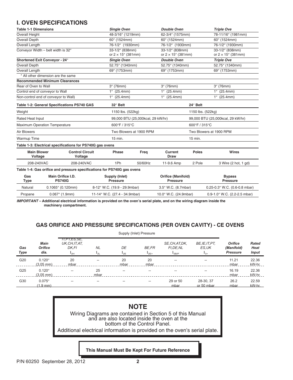 I. oven specifications | Middleby Marshall PS740 Series Gas Ovens P/N 60250 User Manual | Page 6 / 36
