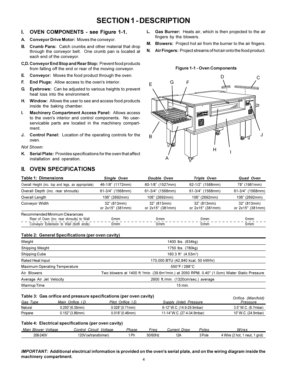 Ii. oven specifications, I. oven components - see figure 1-1 | Middleby Marshall PS570S User Manual | Page 4 / 22