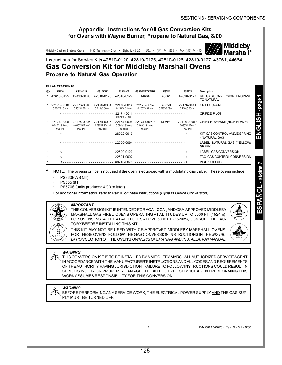 Gas conversion kit for middleby marshall ovens, English, Es pañol | Propane to natural gas operation | Middleby Marshall PS200 series User Manual | Page 126 / 181