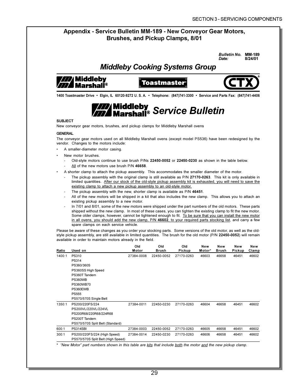 Service bulletin, Middleby cooking systems group | Middleby Marshall PS200 series User Manual | Page 30 / 181