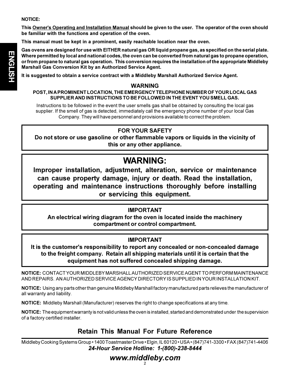 Warning, English | Middleby Marshall PS310 User Manual | Page 2 / 72