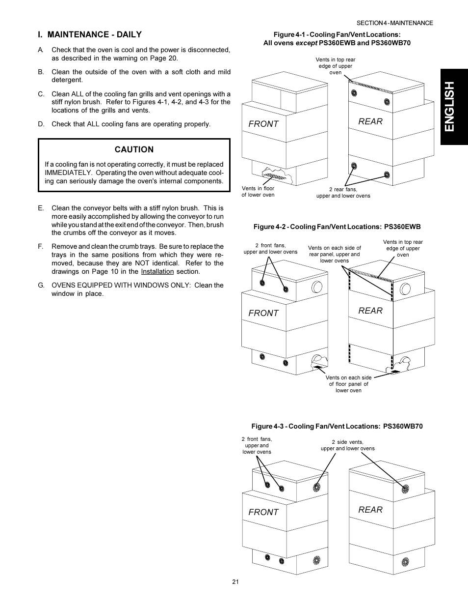English, I. maintenance - daily, Caution | Front rear, Front rear front rear | Middleby Marshall PS310 User Manual | Page 21 / 72