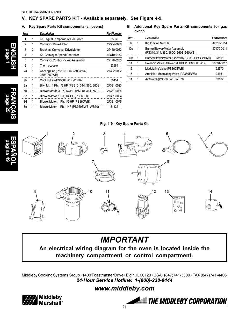 Important, English français es pañol | Middleby Marshall PS310 User Manual | Page 24 / 72