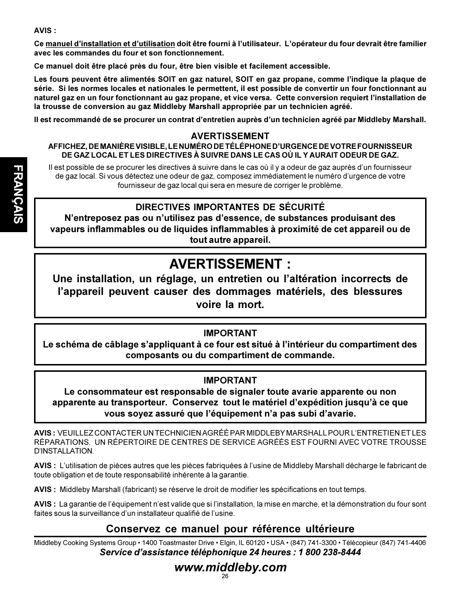 Avertissement, Français, Conservez ce manuel pour référence ultérieure | Middleby Marshall PS310 User Manual | Page 26 / 72