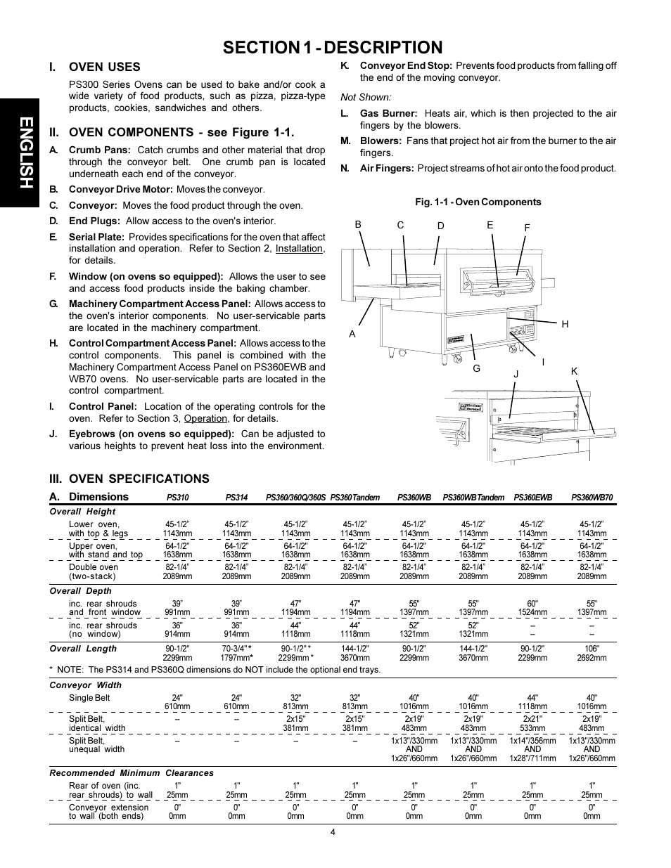 English, Iii. oven specifications, I. oven uses | Ii. oven components - see figure 1-1 | Middleby Marshall PS310 User Manual | Page 4 / 72
