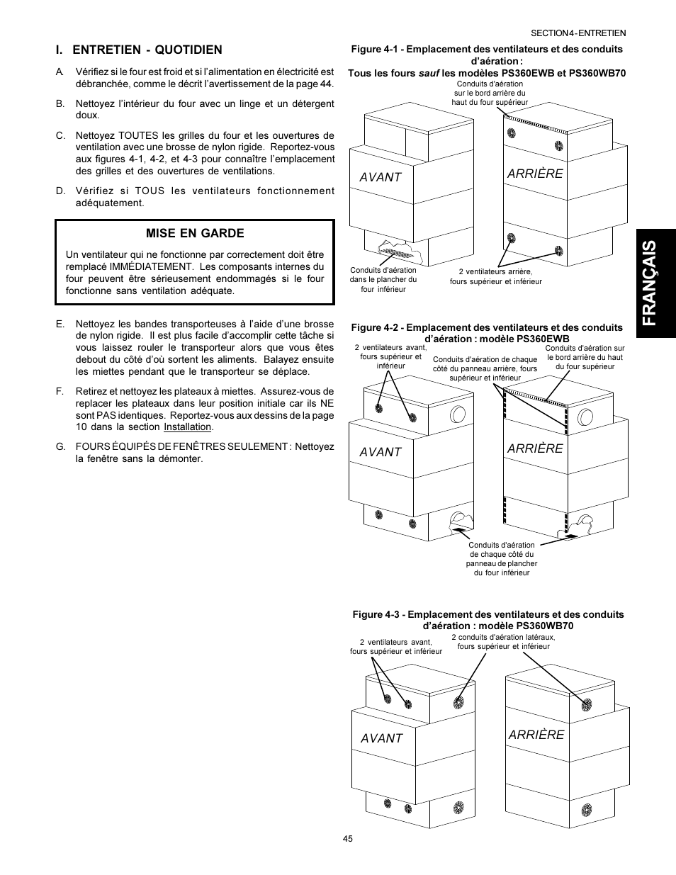Français, I. entretien - quotidien, Mise en garde | Avant arrière, Avant arrière avant arrière | Middleby Marshall PS310 User Manual | Page 45 / 72