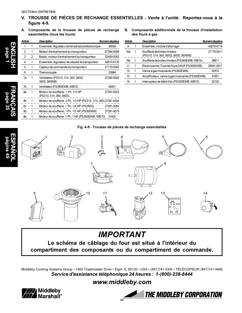 Important, English français esp añol | Middleby Marshall PS310 User Manual | Page 48 / 72