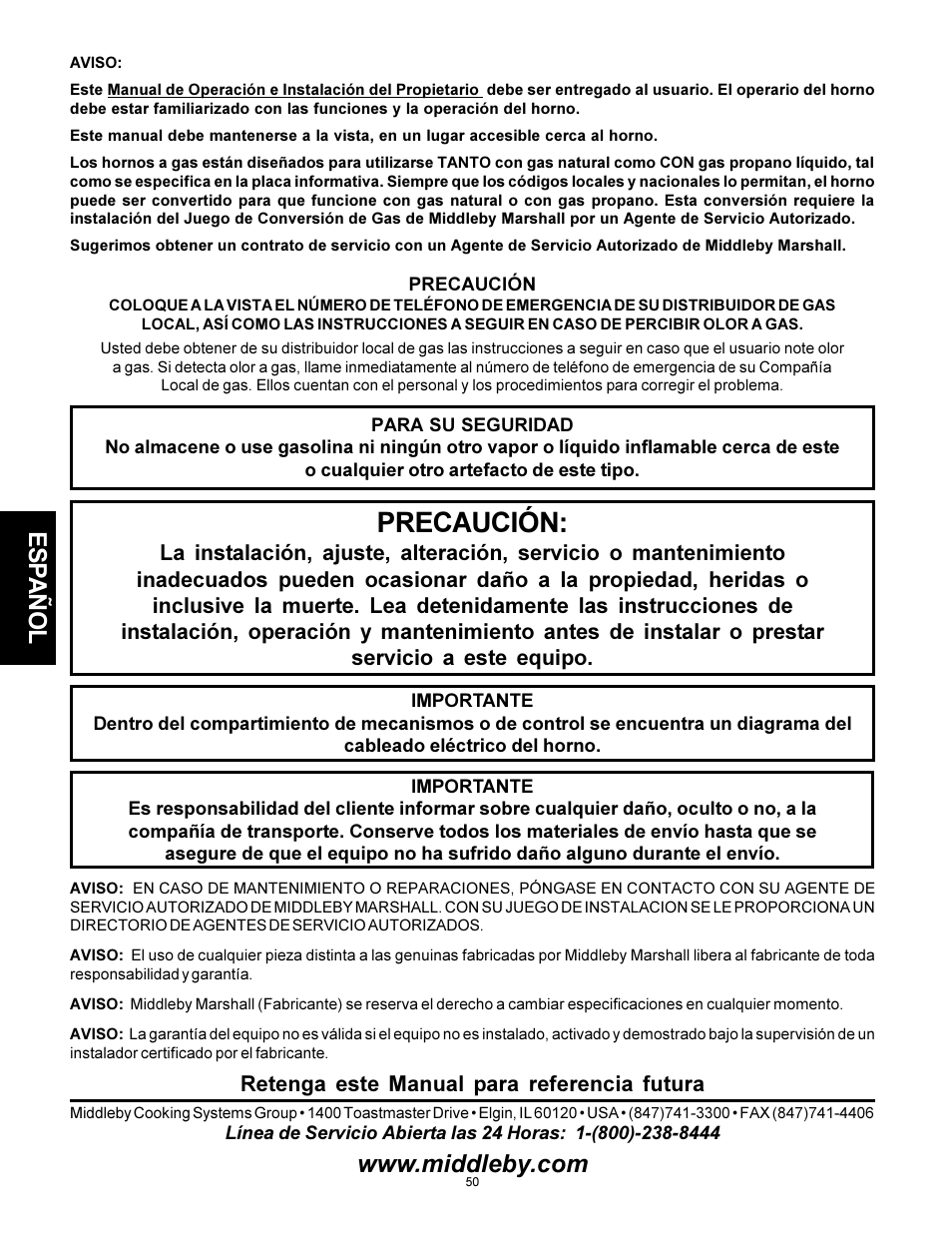 Precaución, Esp añol | Middleby Marshall PS310 User Manual | Page 50 / 72