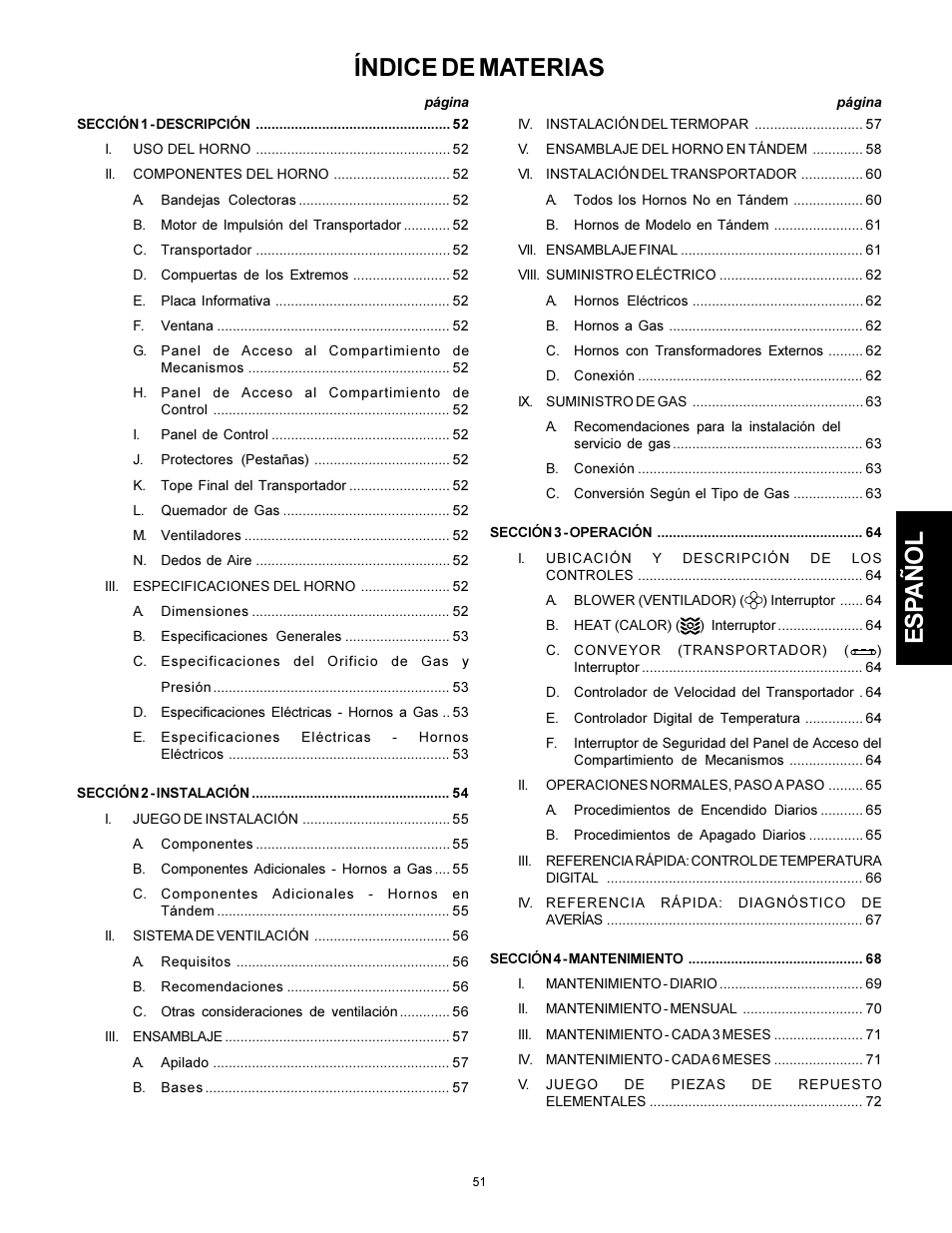 Esp añol, Índice de materias | Middleby Marshall PS310 User Manual | Page 51 / 72