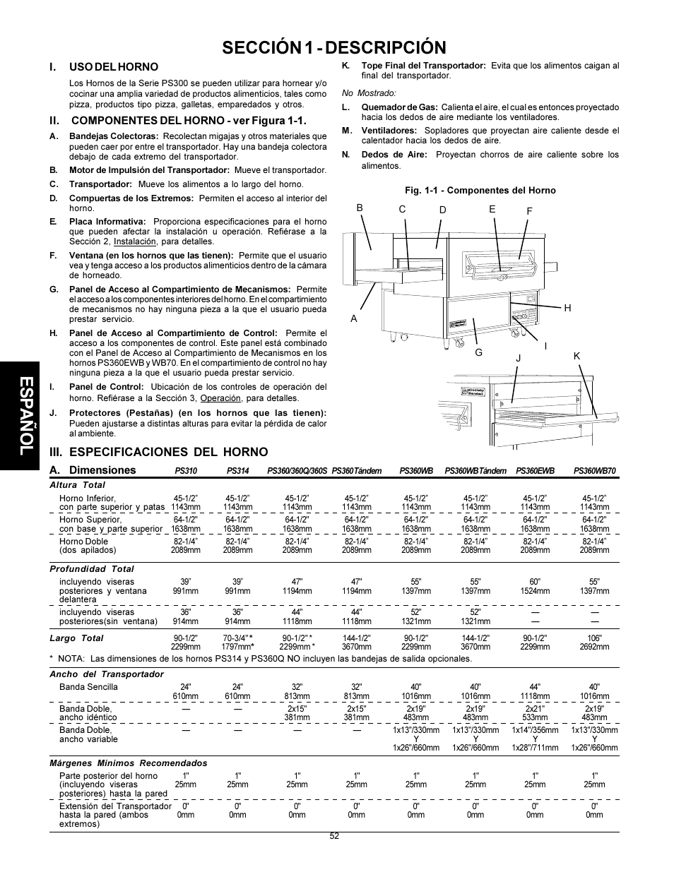 Esp añol, Sección 1 - descripción, Iii. especificaciones del horno | Middleby Marshall PS310 User Manual | Page 52 / 72