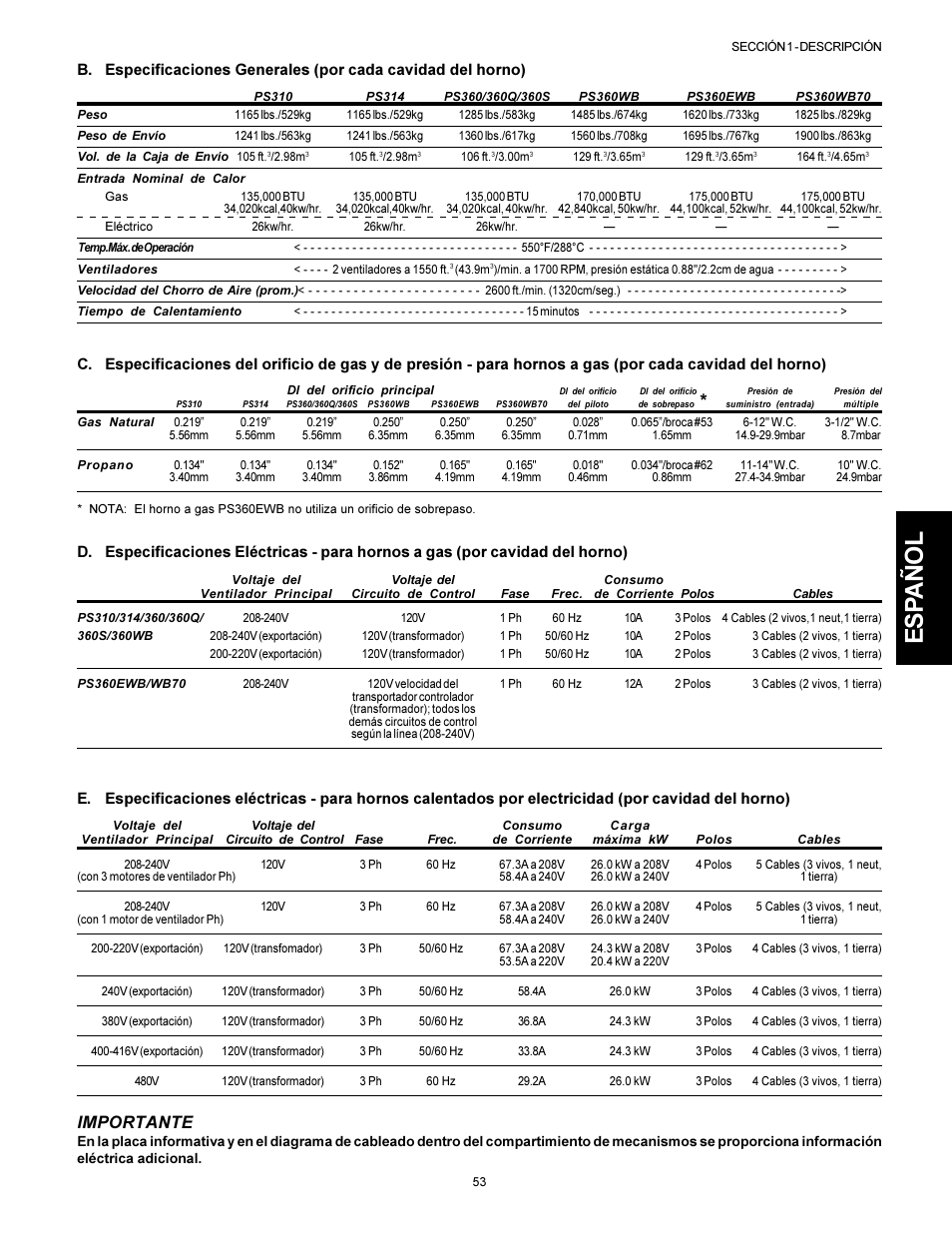 Esp añol, Importante | Middleby Marshall PS310 User Manual | Page 53 / 72
