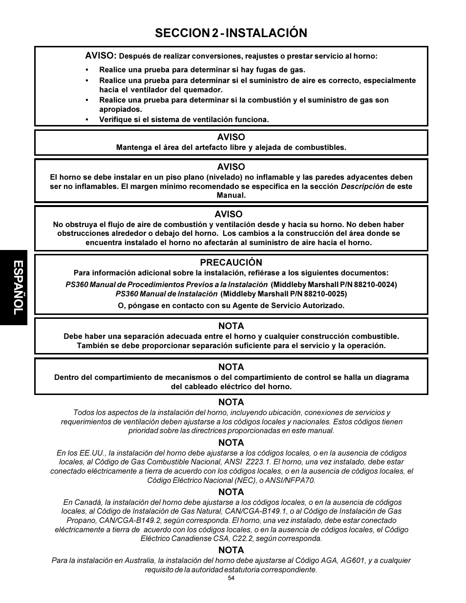 Esp añol, Seccion 2 - instalación | Middleby Marshall PS310 User Manual | Page 54 / 72