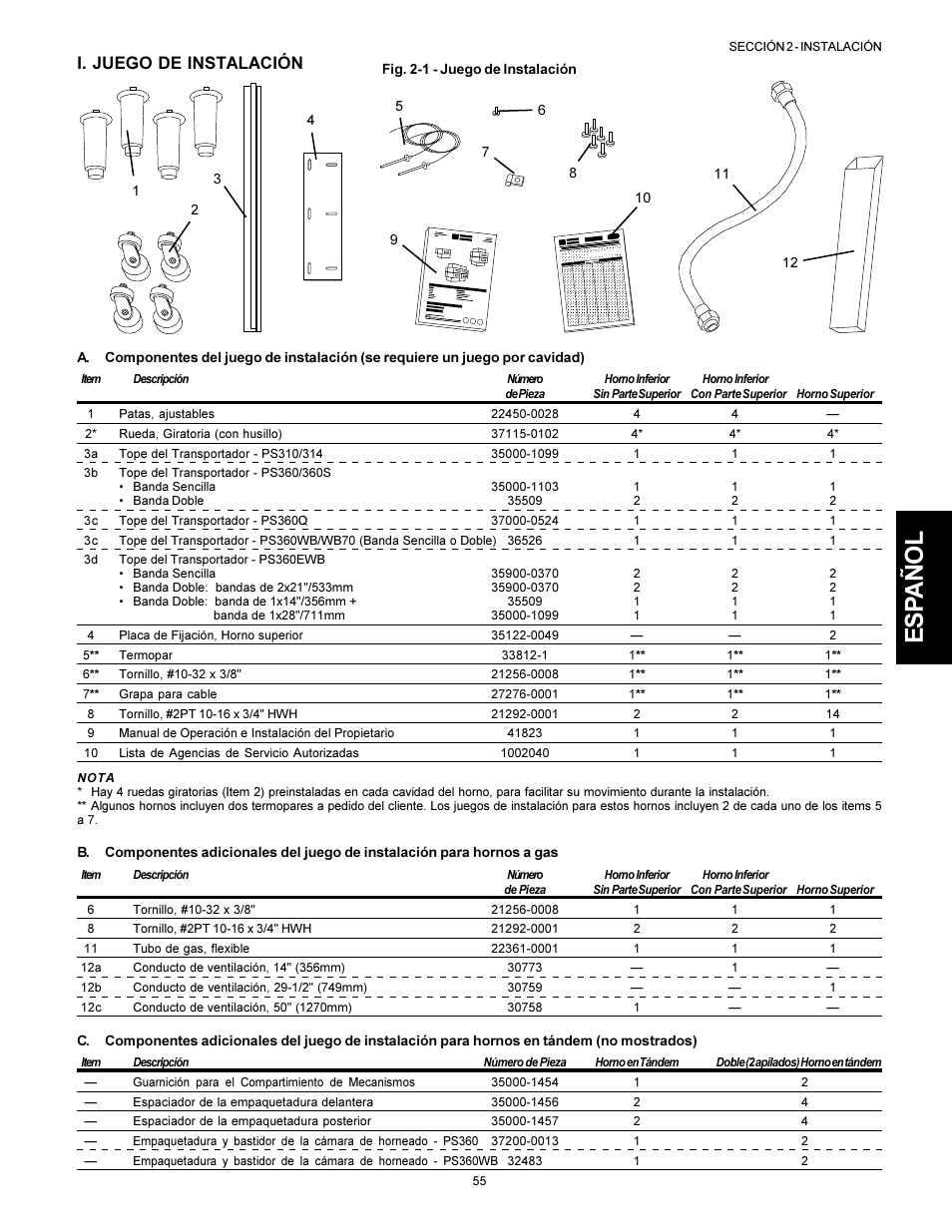 Esp añol, I. juego de instalación | Middleby Marshall PS310 User Manual | Page 55 / 72