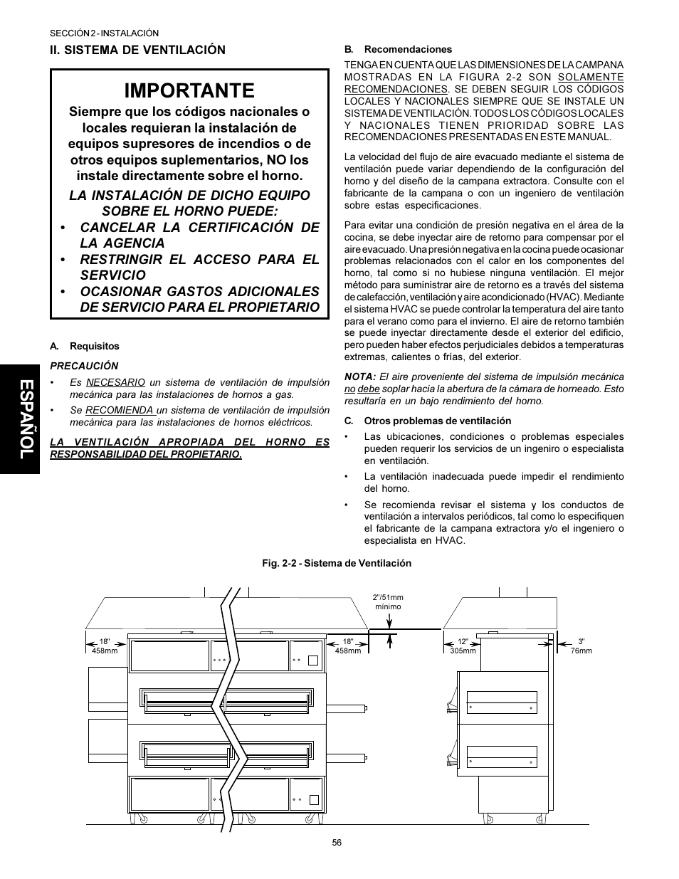 Importante, Esp añol | Middleby Marshall PS310 User Manual | Page 56 / 72