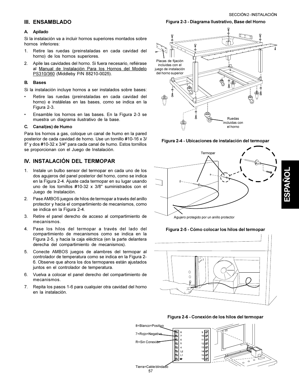 Esp añol, Iv. instalación del termopar, Iii. ensamblado | Middleby Marshall PS310 User Manual | Page 57 / 72