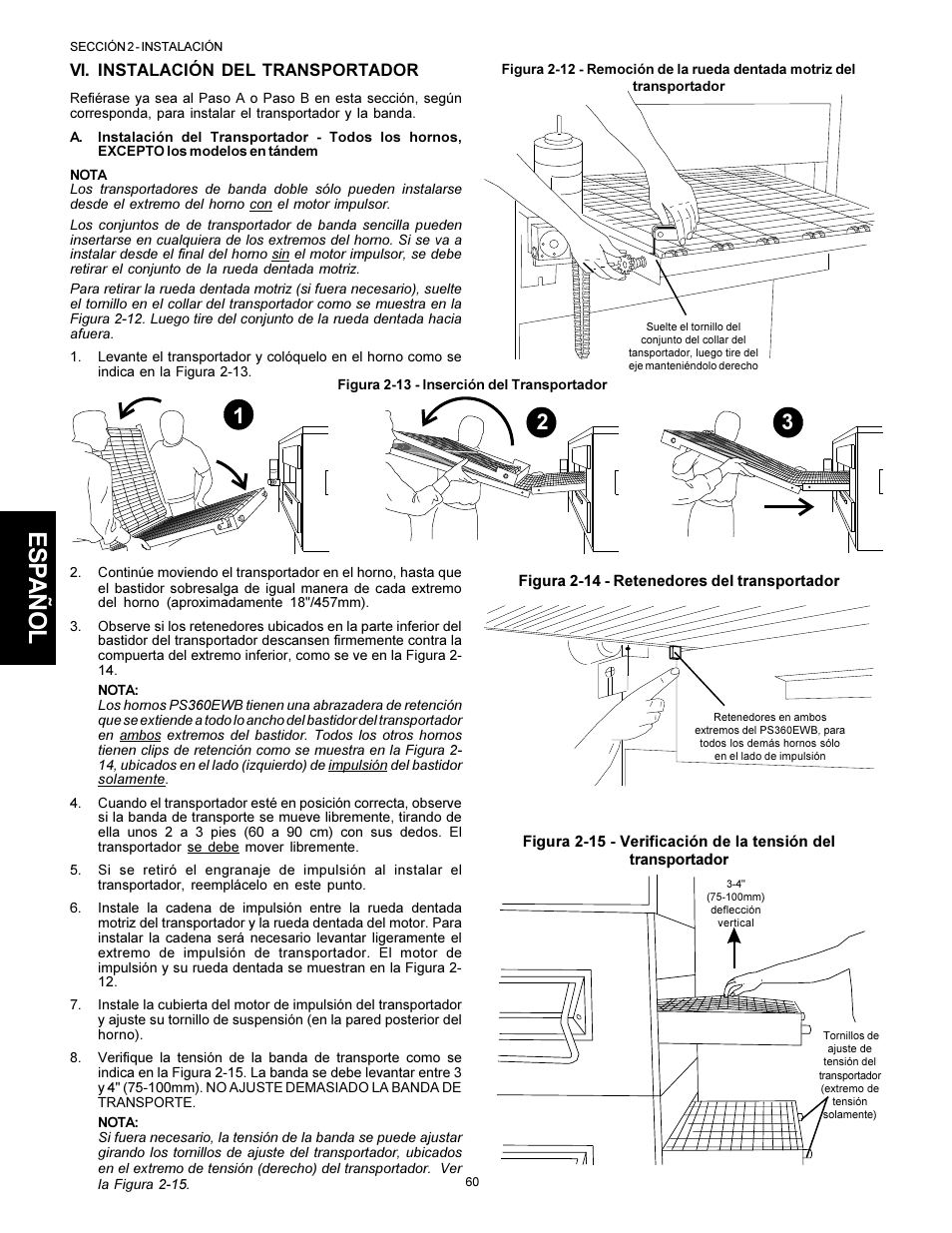 Esp añol, Vi. instalación del transportador | Middleby Marshall PS310 User Manual | Page 60 / 72