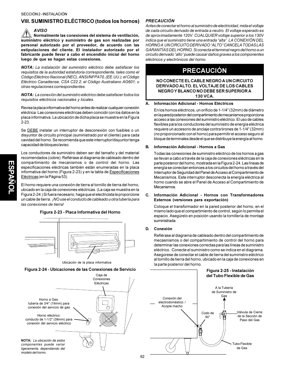 Esp añol, Precaución, Viii. suministro eléctrico (todos los hornos) | Middleby Marshall PS310 User Manual | Page 62 / 72