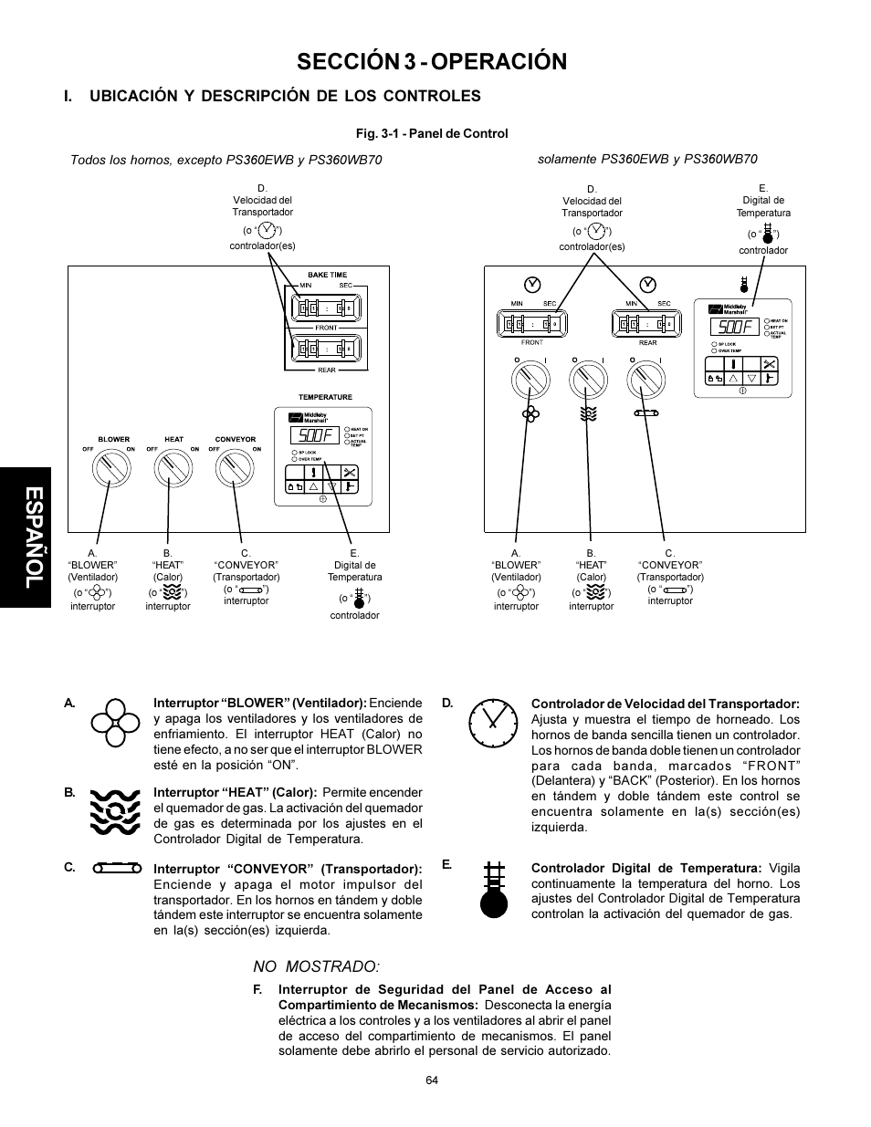 Esp añol sección 3 - operación, I. ubicación y descripción de los controles, No mostrado | Middleby Marshall PS310 User Manual | Page 64 / 72