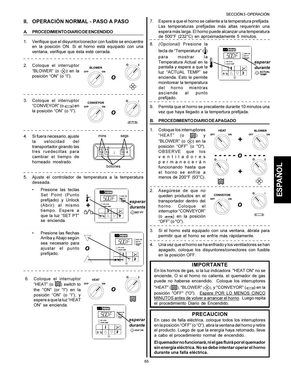 Esp añol, O - - - - - o | Middleby Marshall PS310 User Manual | Page 65 / 72