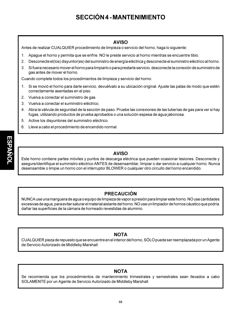 Esp añol, Sección 4 - mantenimiento | Middleby Marshall PS310 User Manual | Page 68 / 72