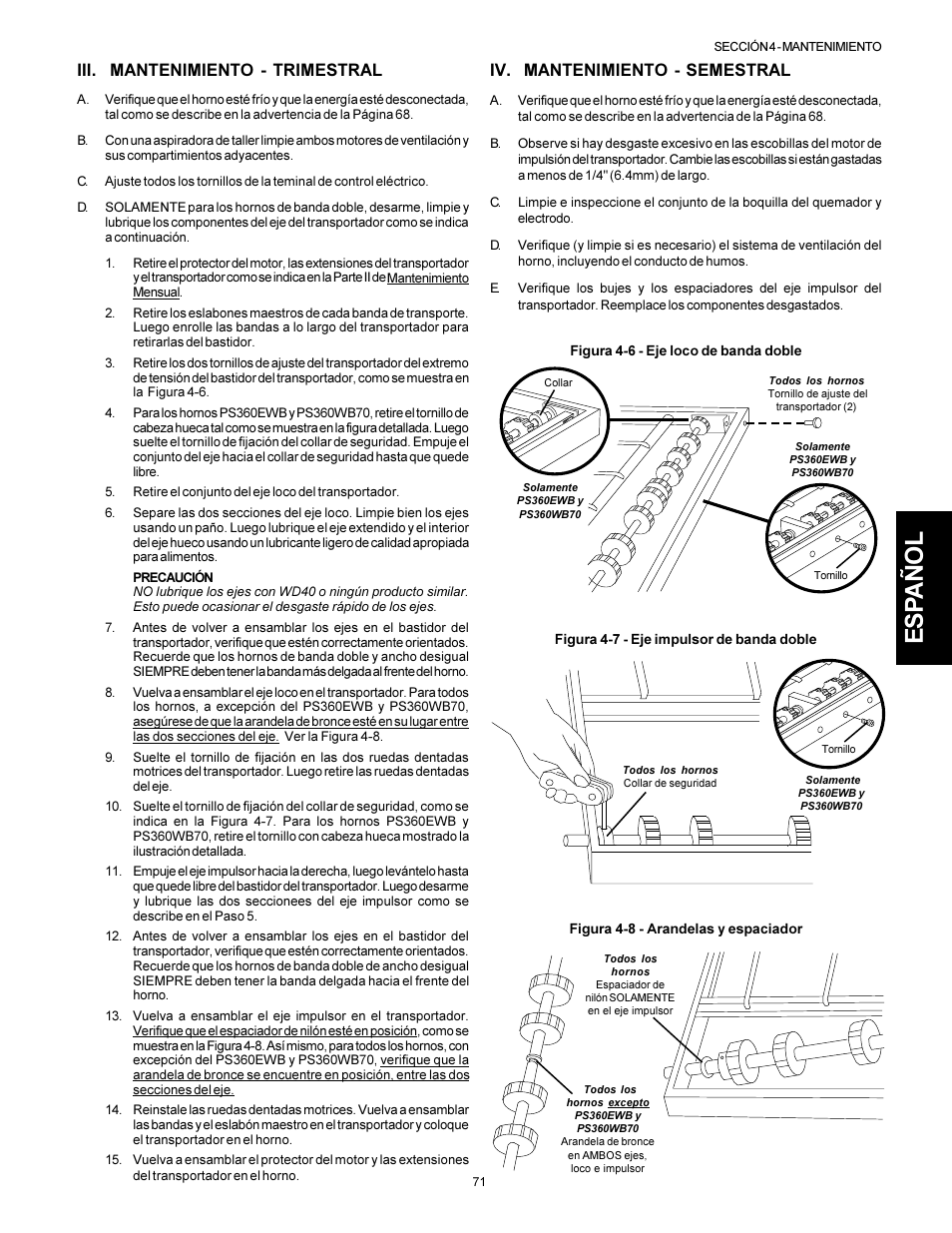 Esp añol, Iii. mantenimiento - trimestral, Iv. mantenimiento - semestral | Middleby Marshall PS310 User Manual | Page 71 / 72