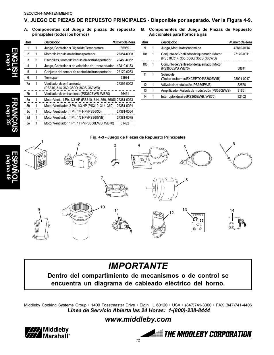 Importante, English français esp añol | Middleby Marshall PS310 User Manual | Page 72 / 72