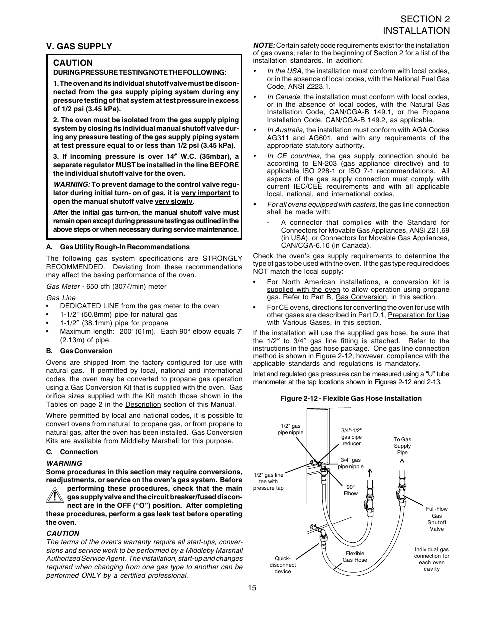 V. gas supply caution | Middleby Marshall PS520G User Manual | Page 19 / 48
