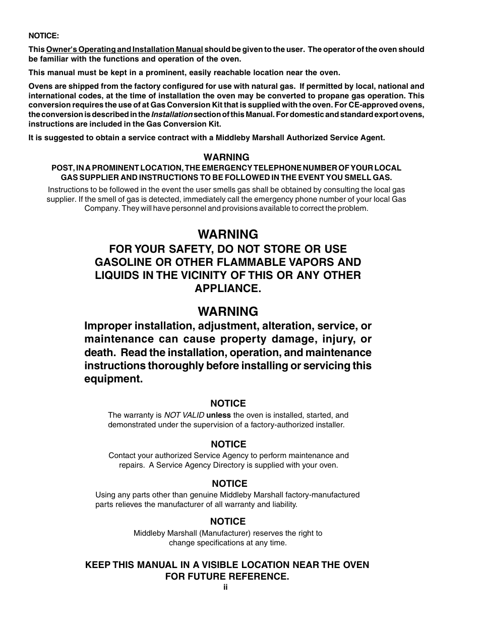 Warning | Middleby Marshall PS520G User Manual | Page 2 / 48