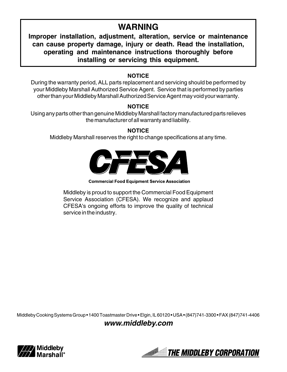 Warning | Middleby Marshall PS520G User Manual | Page 48 / 48