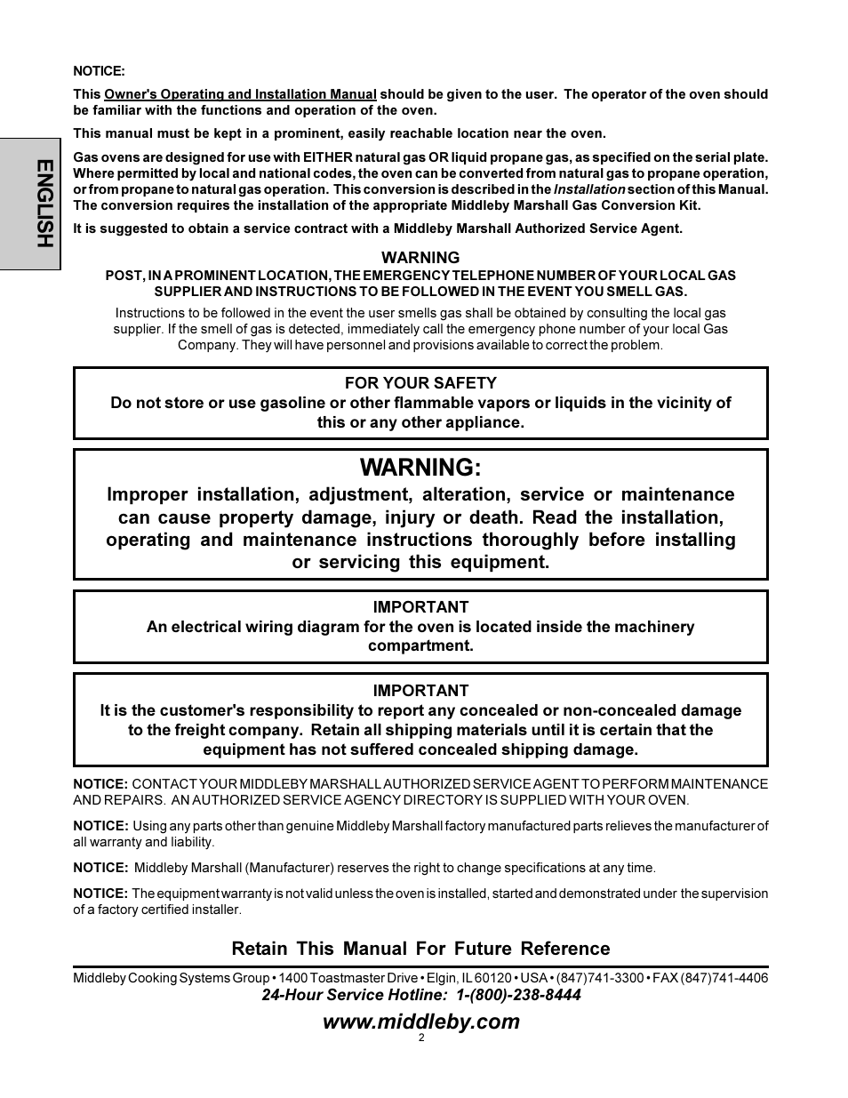 Warning, English | Middleby Marshall PS360WB-U User Manual | Page 2 / 48