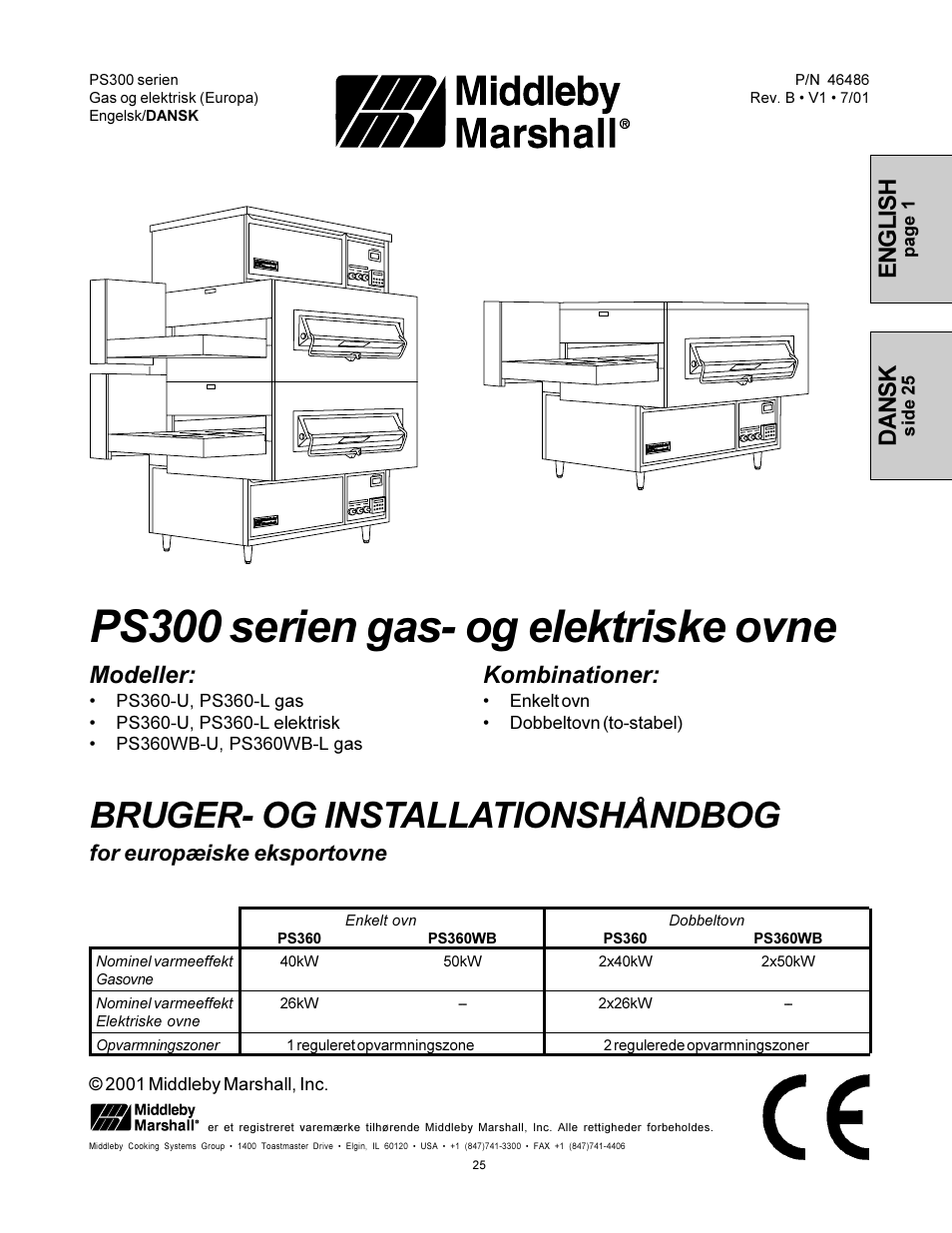 Ps300 serien gas- og elektriske ovne, Bruger- og installationshåndbog, English | Dansk, Modeller, Kombinationer, For europæiske eksportovne | Middleby Marshall PS360WB-U User Manual | Page 25 / 48