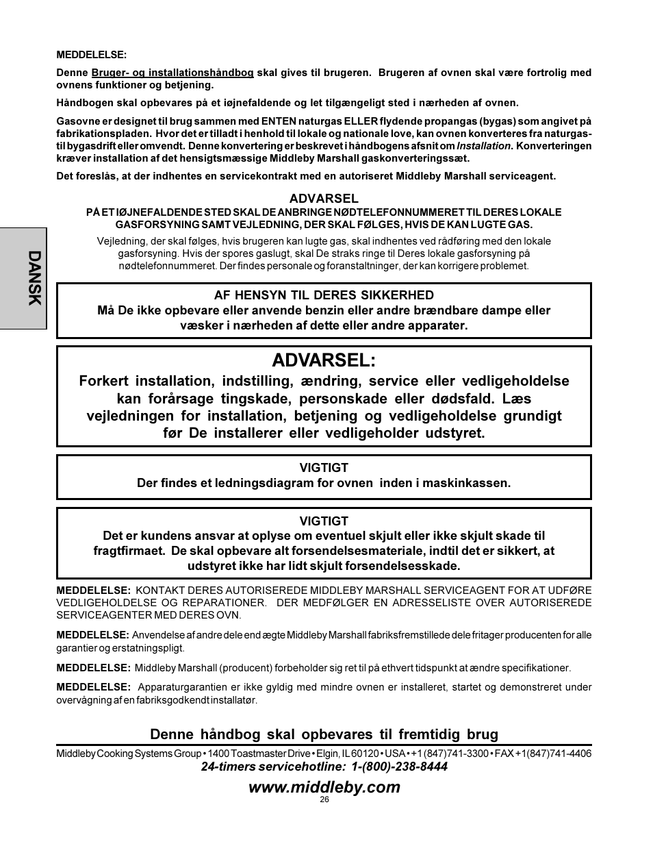 Advarsel, Dansk, Denne håndbog skal opbevares til fremtidig brug | Middleby Marshall PS360WB-U User Manual | Page 26 / 48