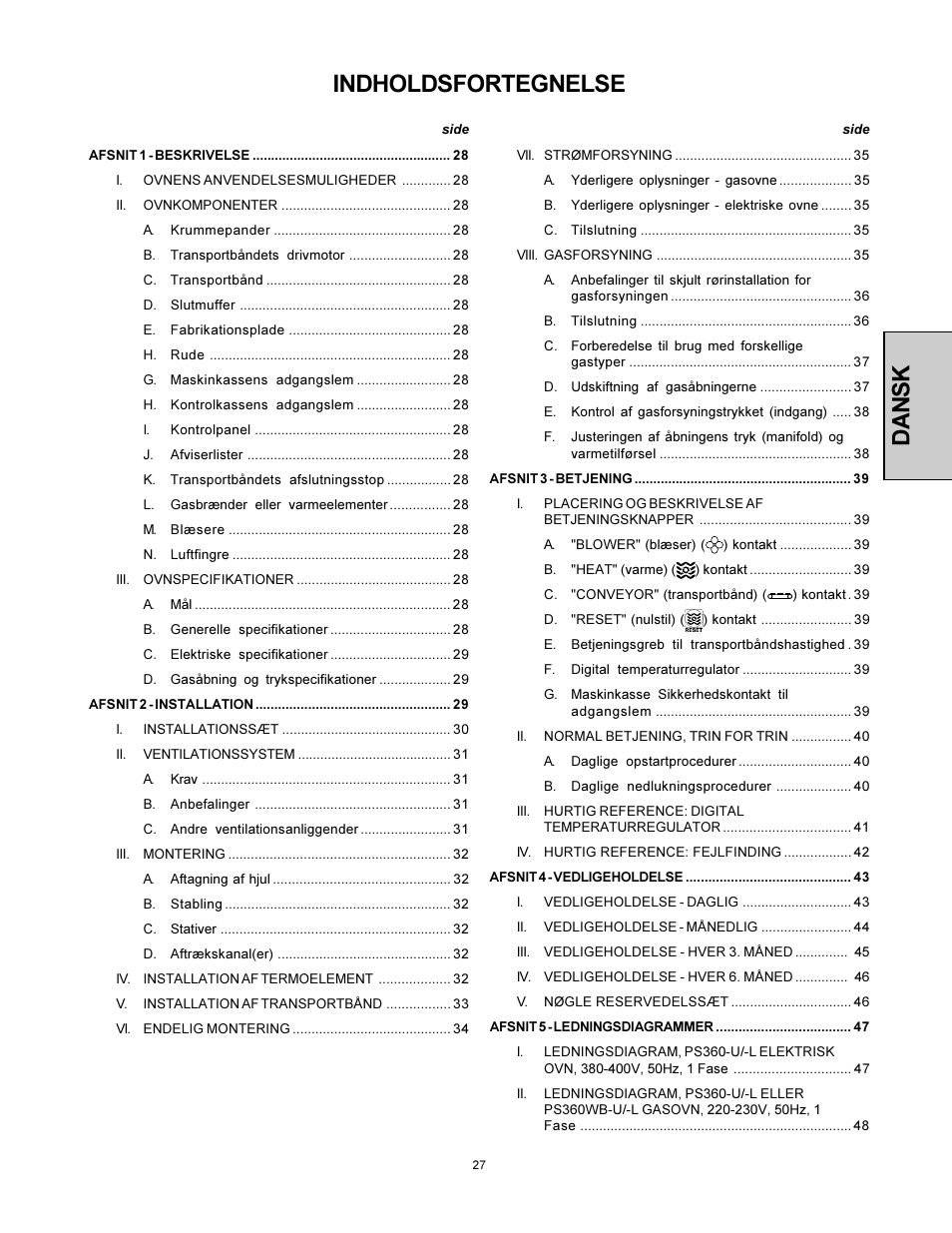 Dansk, Indholdsfortegnelse | Middleby Marshall PS360WB-U User Manual | Page 27 / 48