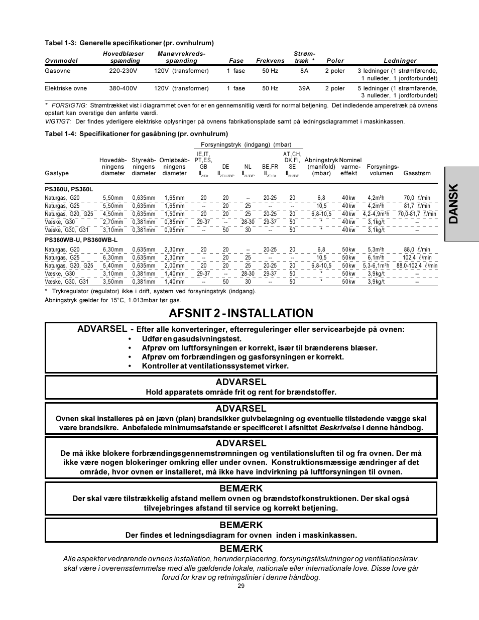 Dansk afsnit 2 - installation, Advarsel, Bemærk | Middleby Marshall PS360WB-U User Manual | Page 29 / 48