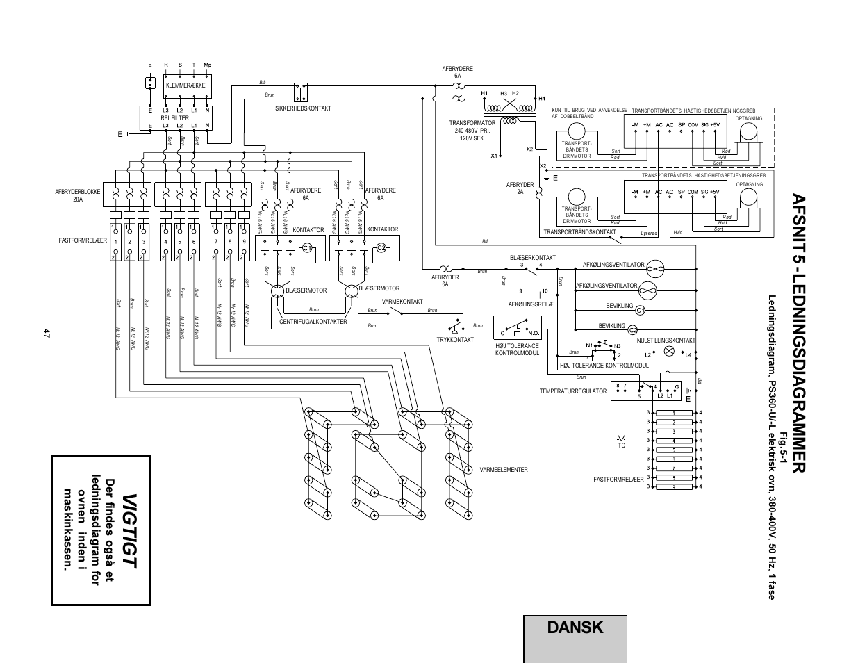 Vigtigt, Dansk afsnit 5 - ledningsdiagrammer | Middleby Marshall PS360WB-U User Manual | Page 47 / 48