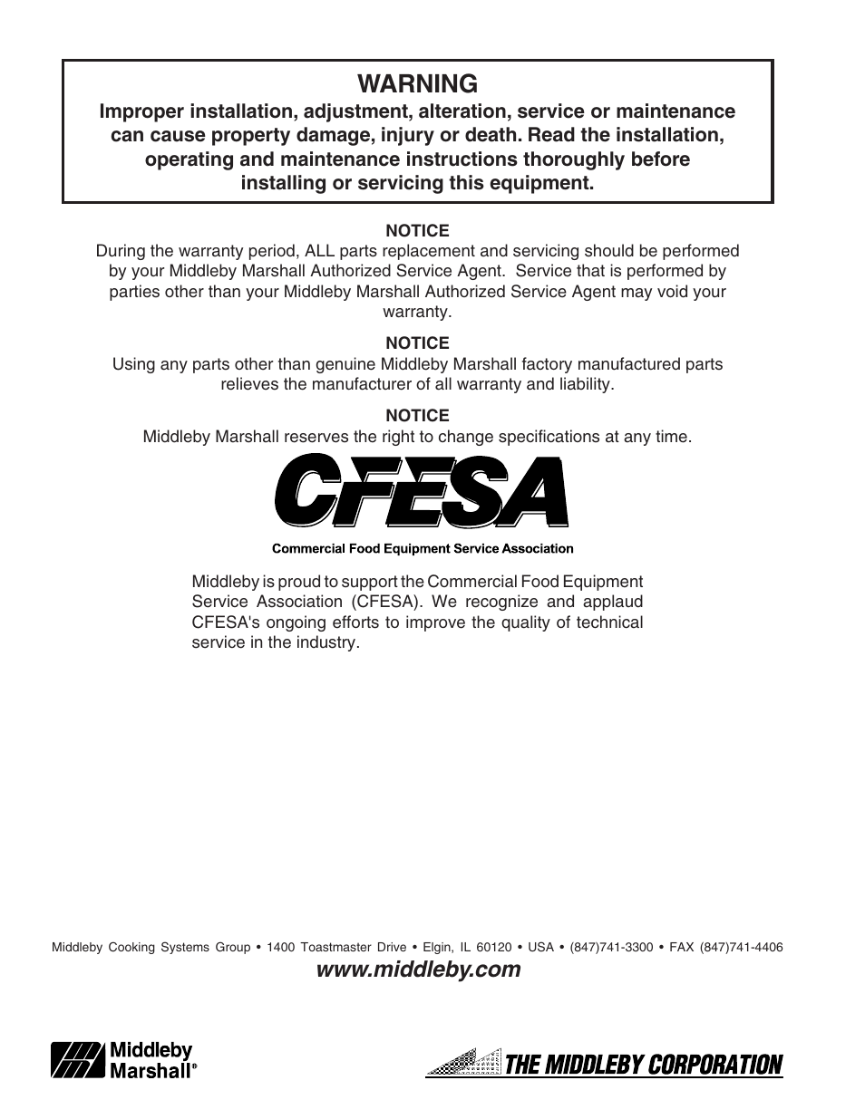 Warning | Middleby Marshall PS640E User Manual | Page 32 / 32