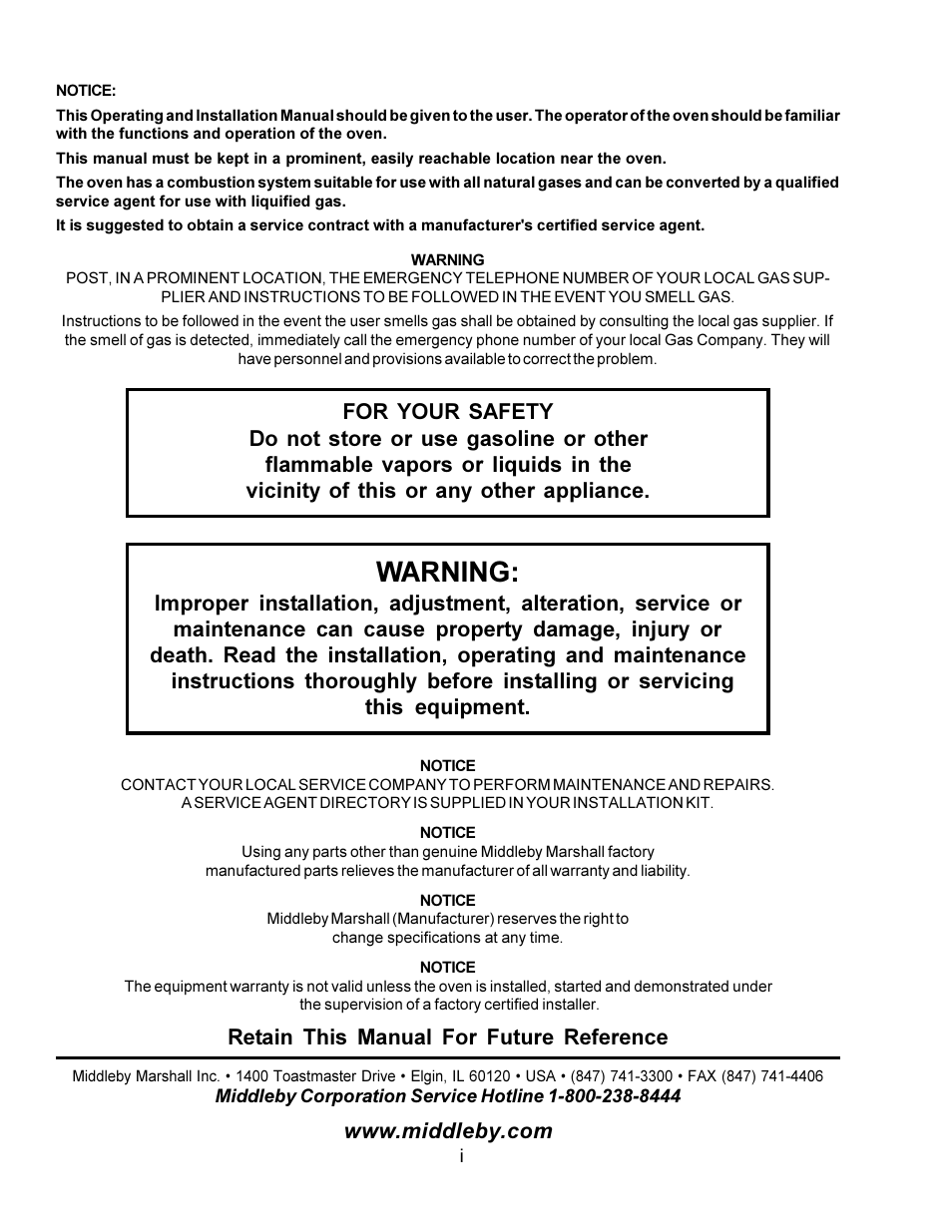 Warning, Retain this manual for future reference | Middleby Marshall PS360WB  EN User Manual | Page 2 / 32