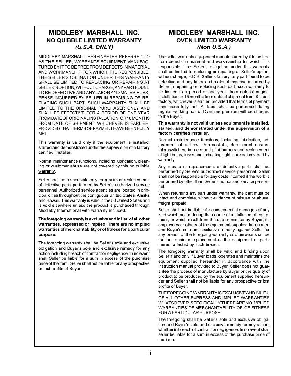 Middleby marshall inc, No quibble limited warranty (u.s.a. only), Oven limited warranty (non u.s.a.) | Middleby Marshall PS360WB  EN User Manual | Page 3 / 32