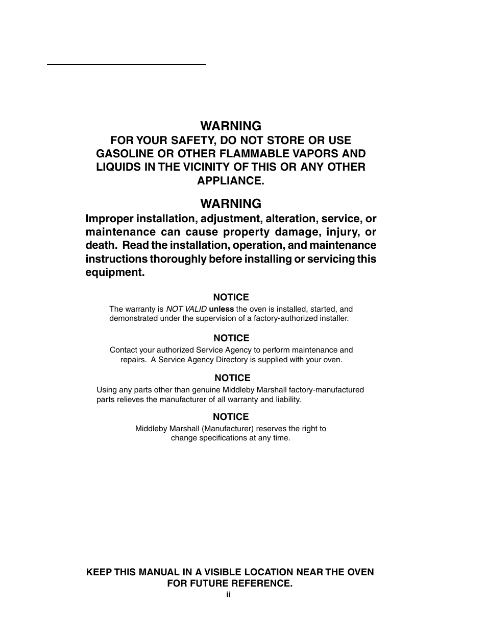 Warning | Middleby Marshall PS624E User Manual | Page 2 / 48