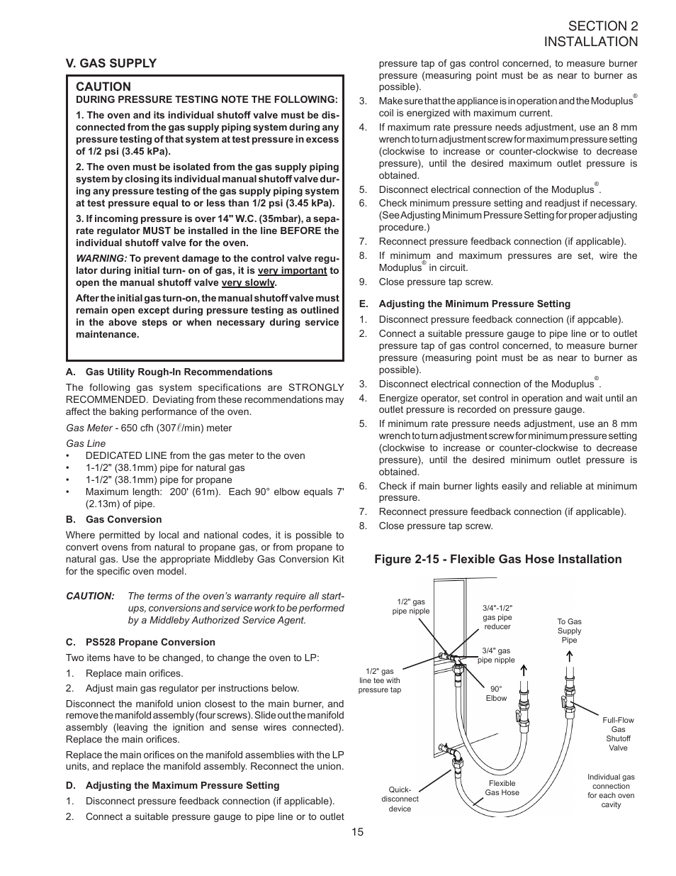 V. gas supply caution, Figure 2-15 - flexible gas hose installation | Middleby Marshall Oven PS528G User Manual | Page 19 / 48
